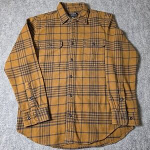 Filson Mens Field Flannel Shirt Ochre Yellow Charcoal Grey Plaid Cotton Medium